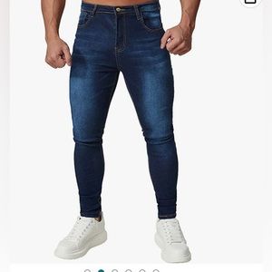 HUNGSON Men's Blue Slim Fit Jeans Stretch Skinny Jeans Side Striped Denim Pants